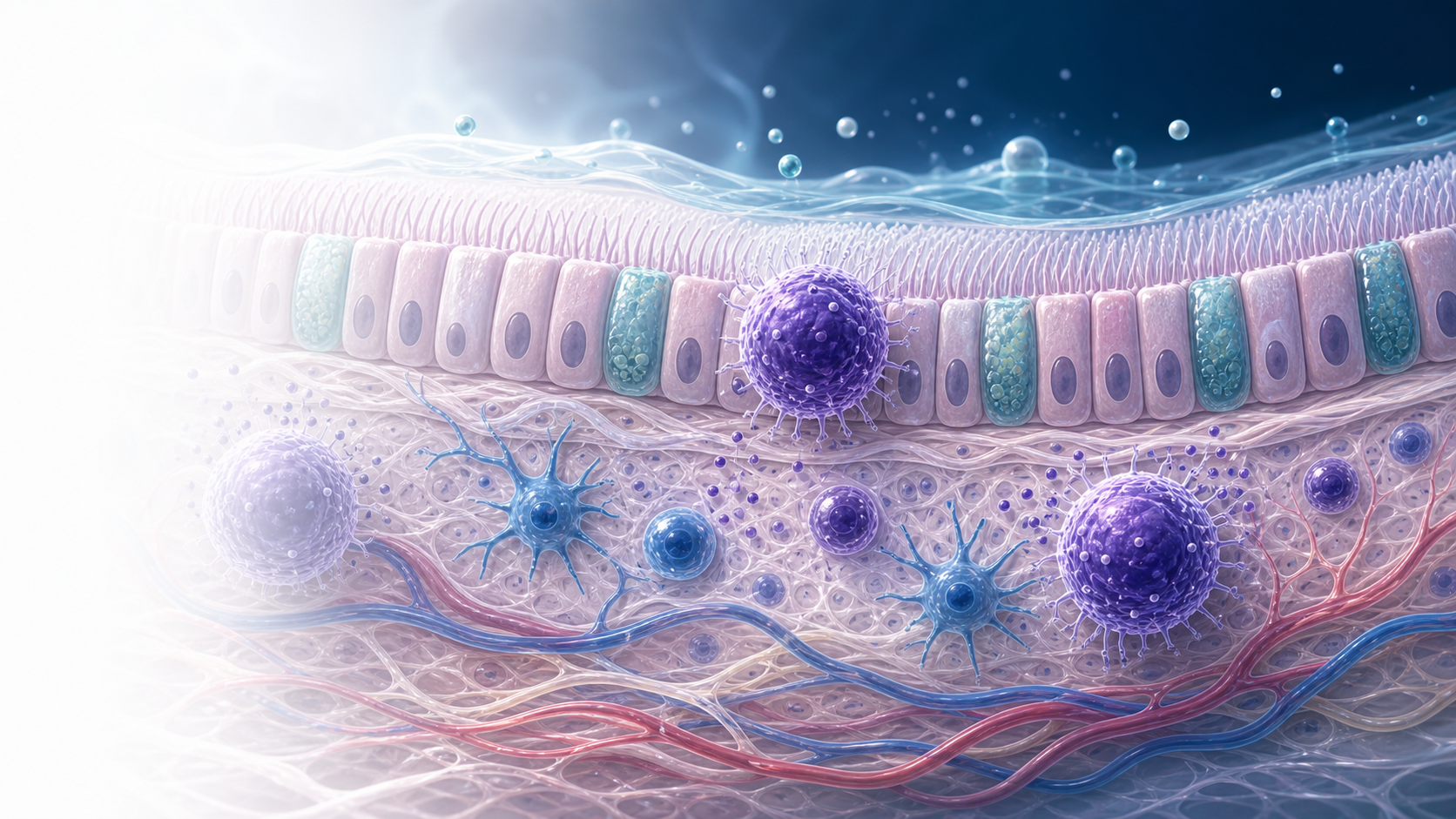 Editorial illustration of respiratory mucosa and immune sentinel cells